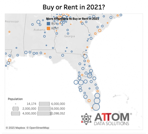 Florida map with blue circles for cities where it's better to buy
